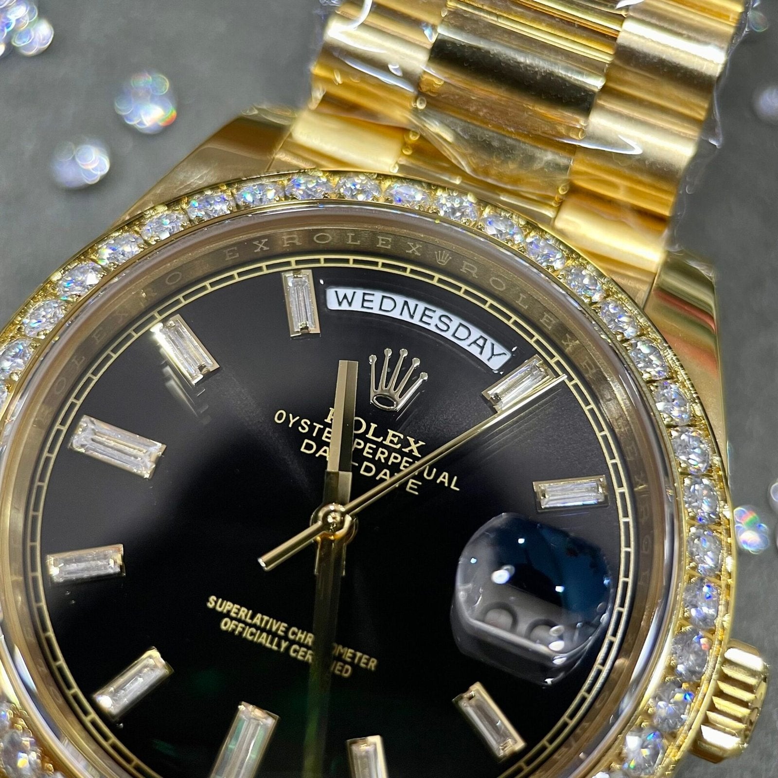 Rolex Day-Date Watch Black Dial Moissanite Diamonds 40mm