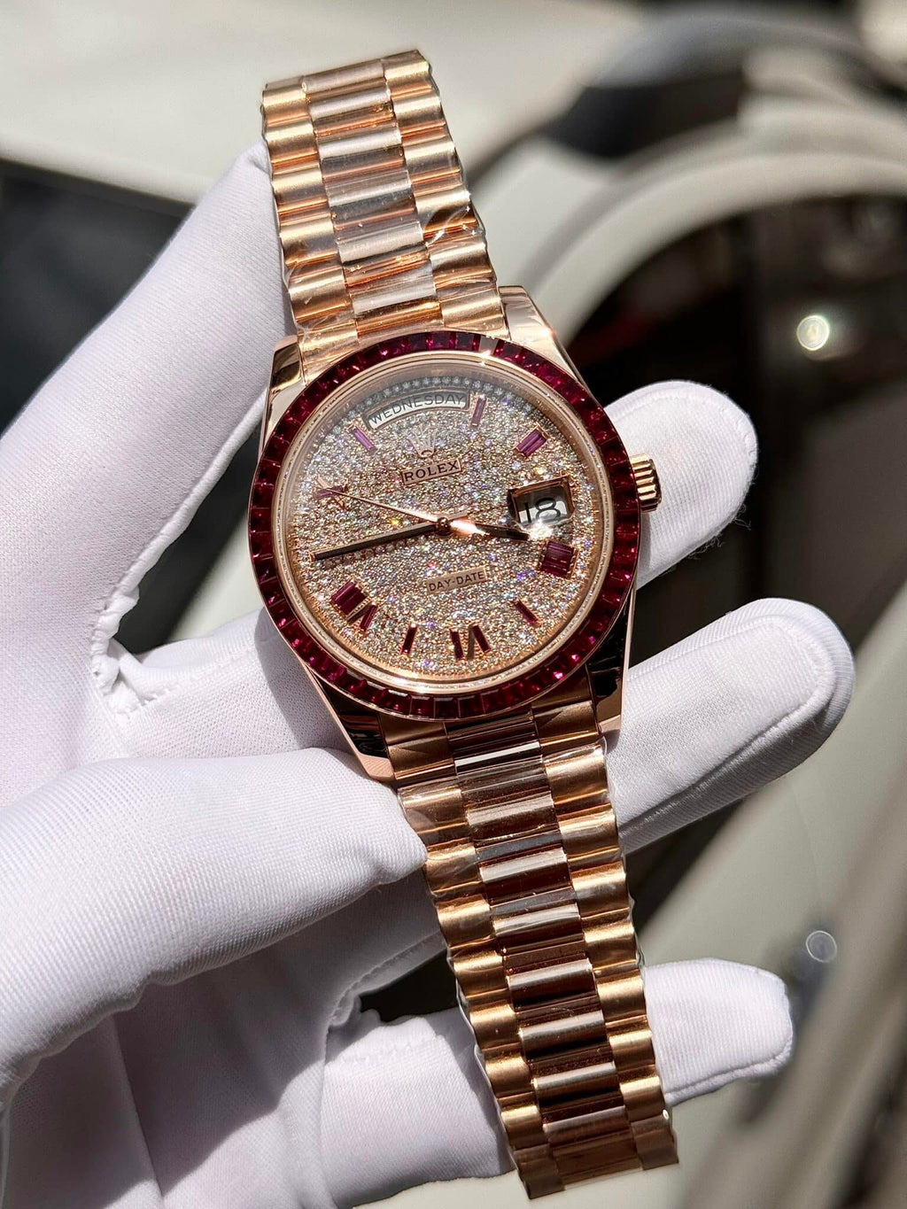 Rolex Watch Day-Date Ruby Red &amp; Baguette Moissanite Diamonds 40mm