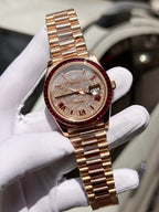 Rolex Watch Day-Date Ruby Red &amp; Baguette Moissanite Diamonds 40mm