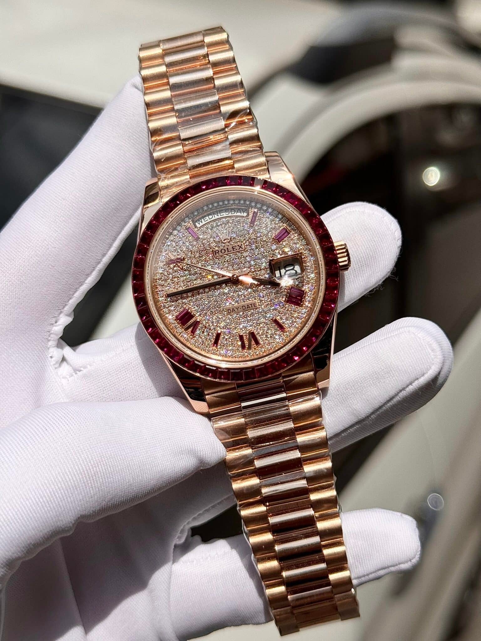 Rolex Watch Day-Date Ruby Red &amp; Baguette Moissanite Diamonds 40mm