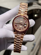 Rolex Watch Day-Date Ruby Red &amp; Baguette Moissanite Diamonds 40mm