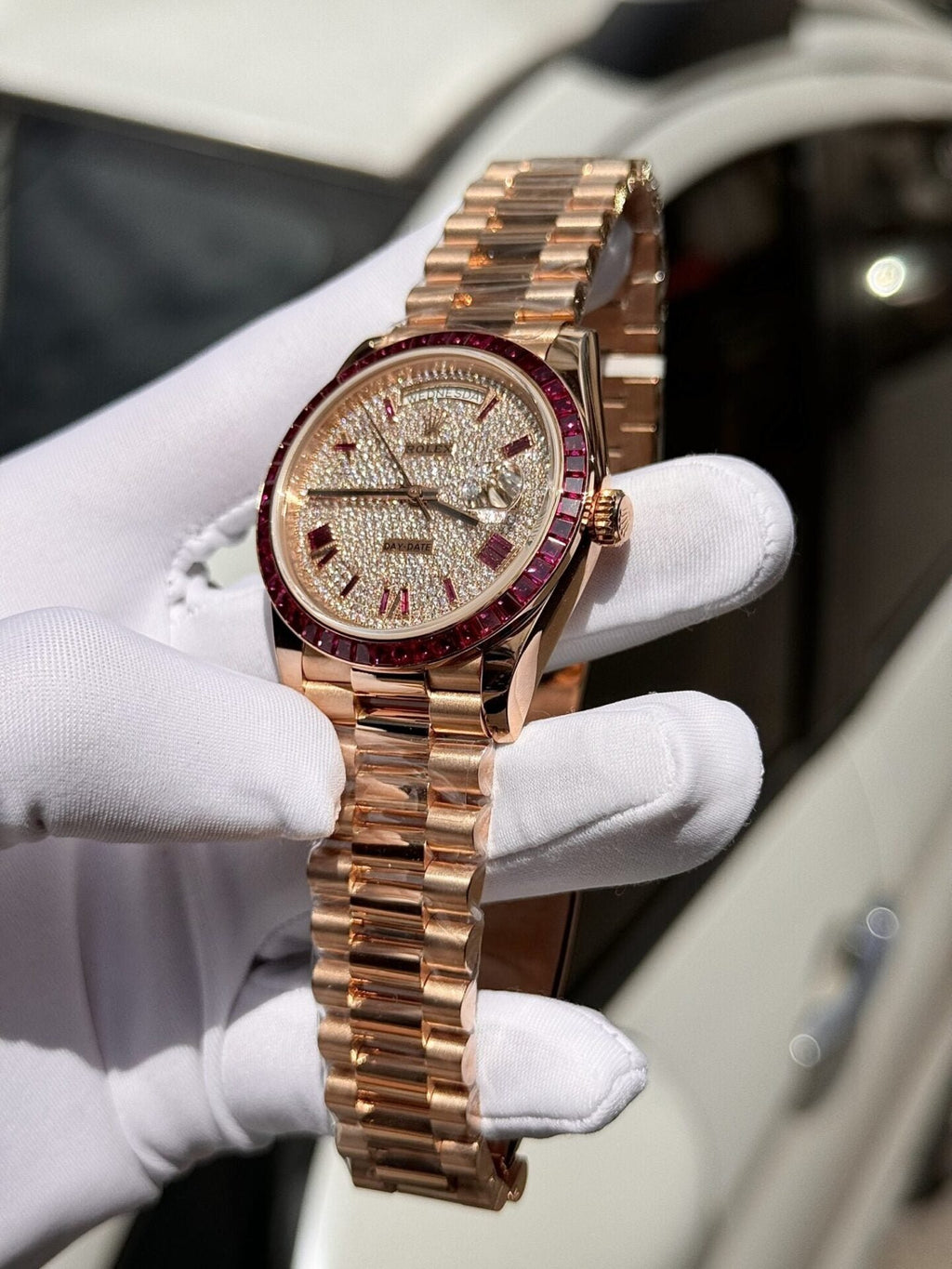 Rolex Watch Day-Date Ruby Red &amp; Baguette Moissanite Diamonds 40mm