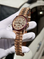 Rolex Watch Day-Date Ruby Red &amp; Baguette Moissanite Diamonds 40mm