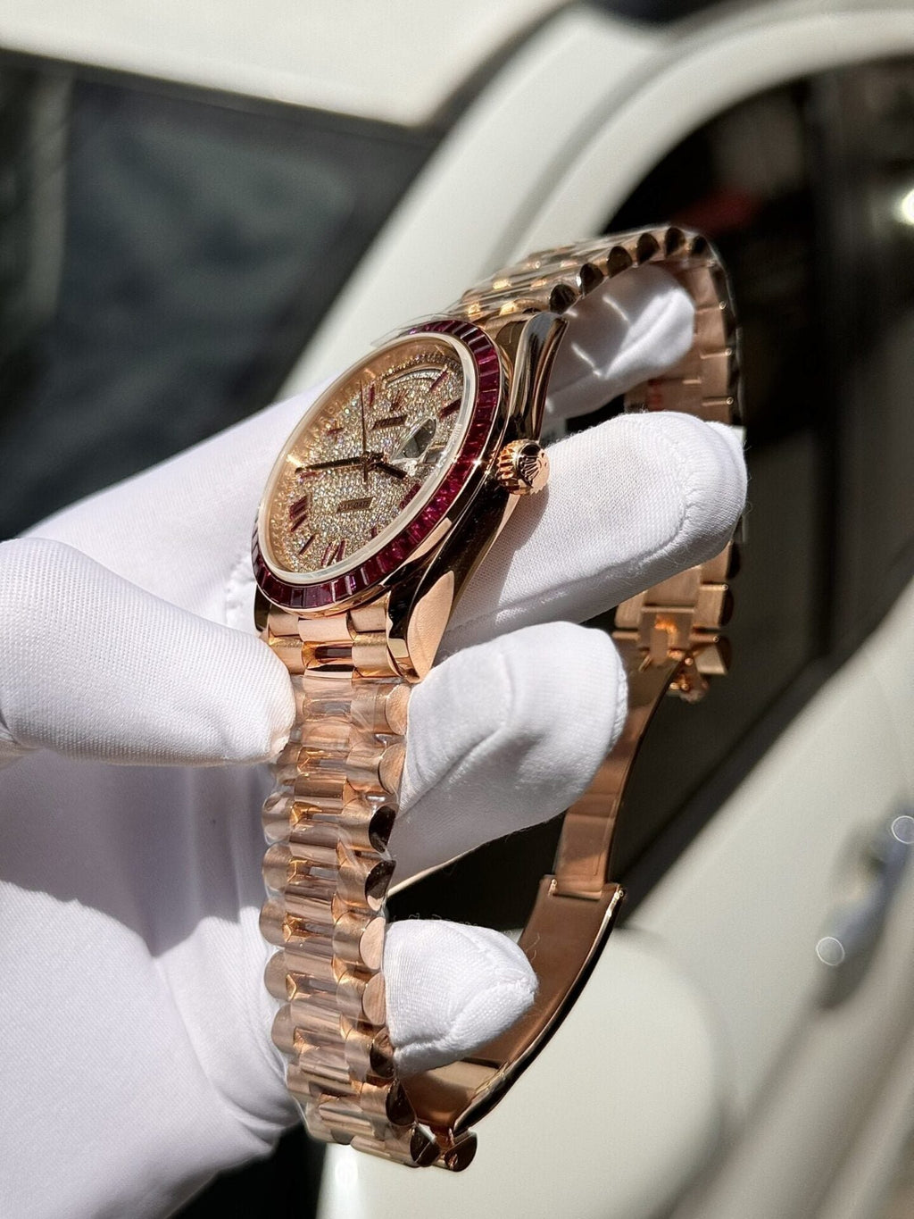 Rolex Watch Day-Date Ruby Red &amp; Baguette Moissanite Diamonds 40mm