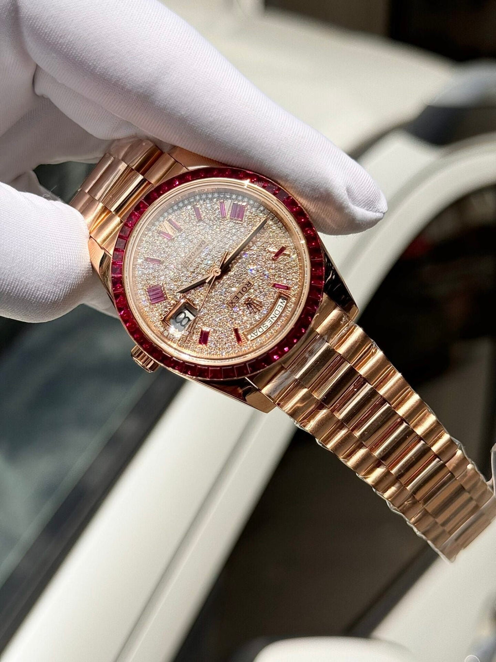 Rolex Watch Day-Date Ruby Red &amp; Baguette Moissanite Diamonds 40mm