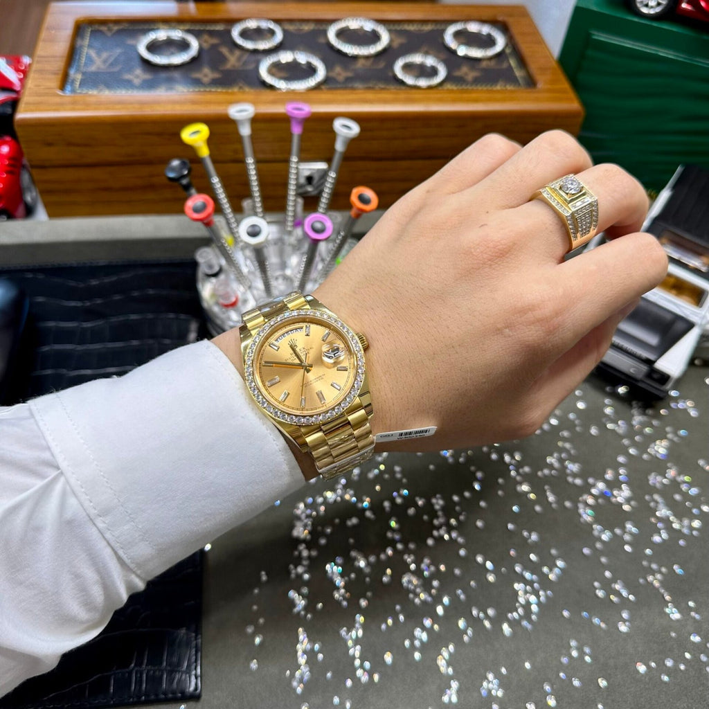 Rolex Day-Date Watch Yellow Dial Moissanite Diamonds 40mm