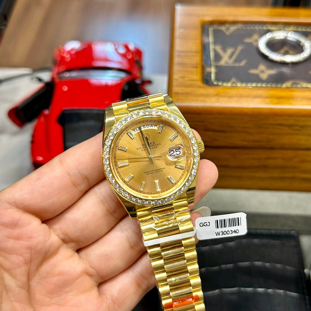 Rolex Day-Date Watch Yellow Dial Moissanite Diamonds 40mm