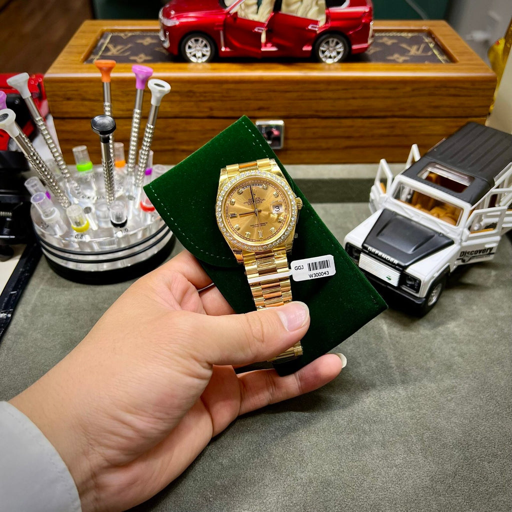 Rolex Watch Day-Date Yellow Dial Moissanite Diamonds 40mm
