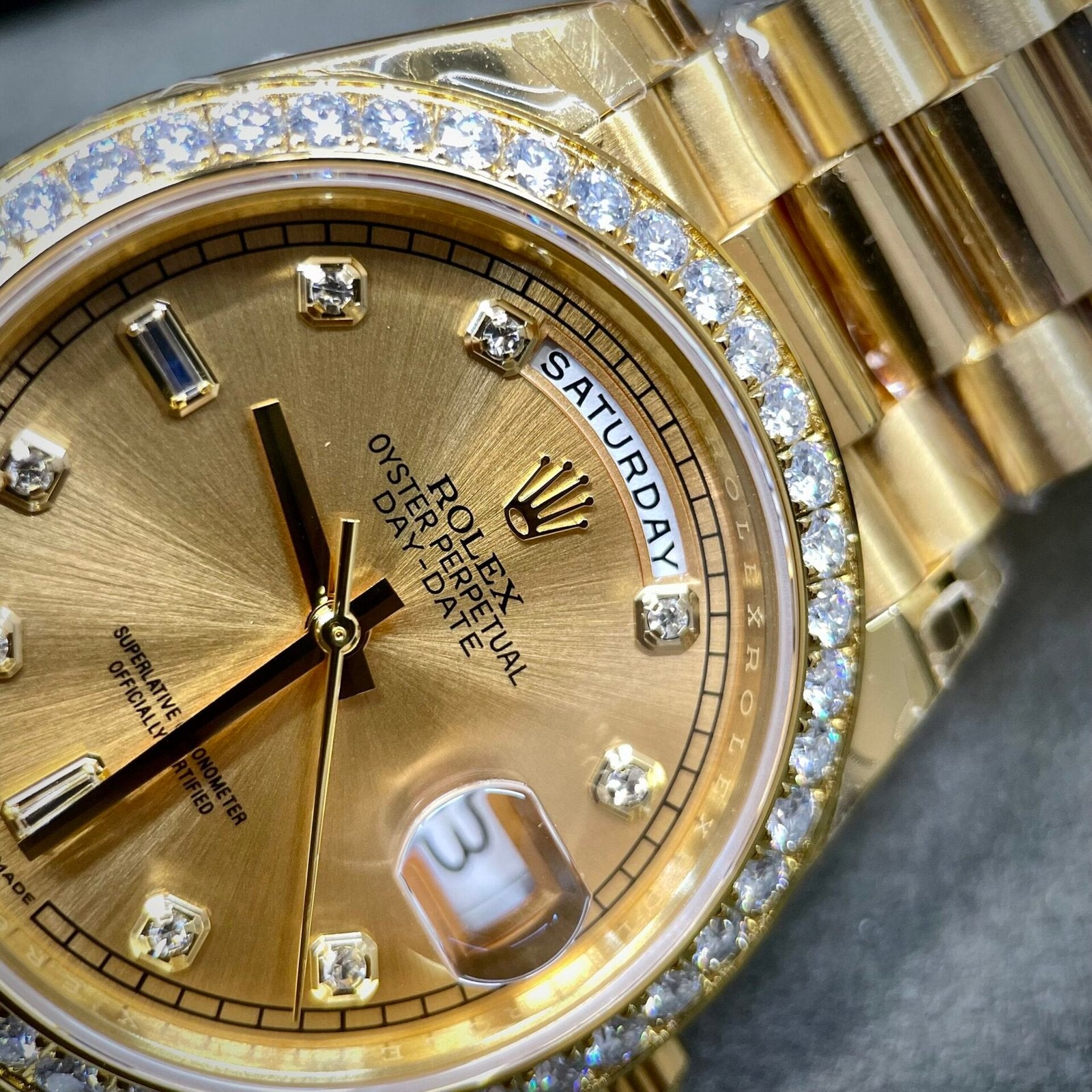 Rolex Watch Day-Date Yellow Dial Moissanite Diamonds 40mm