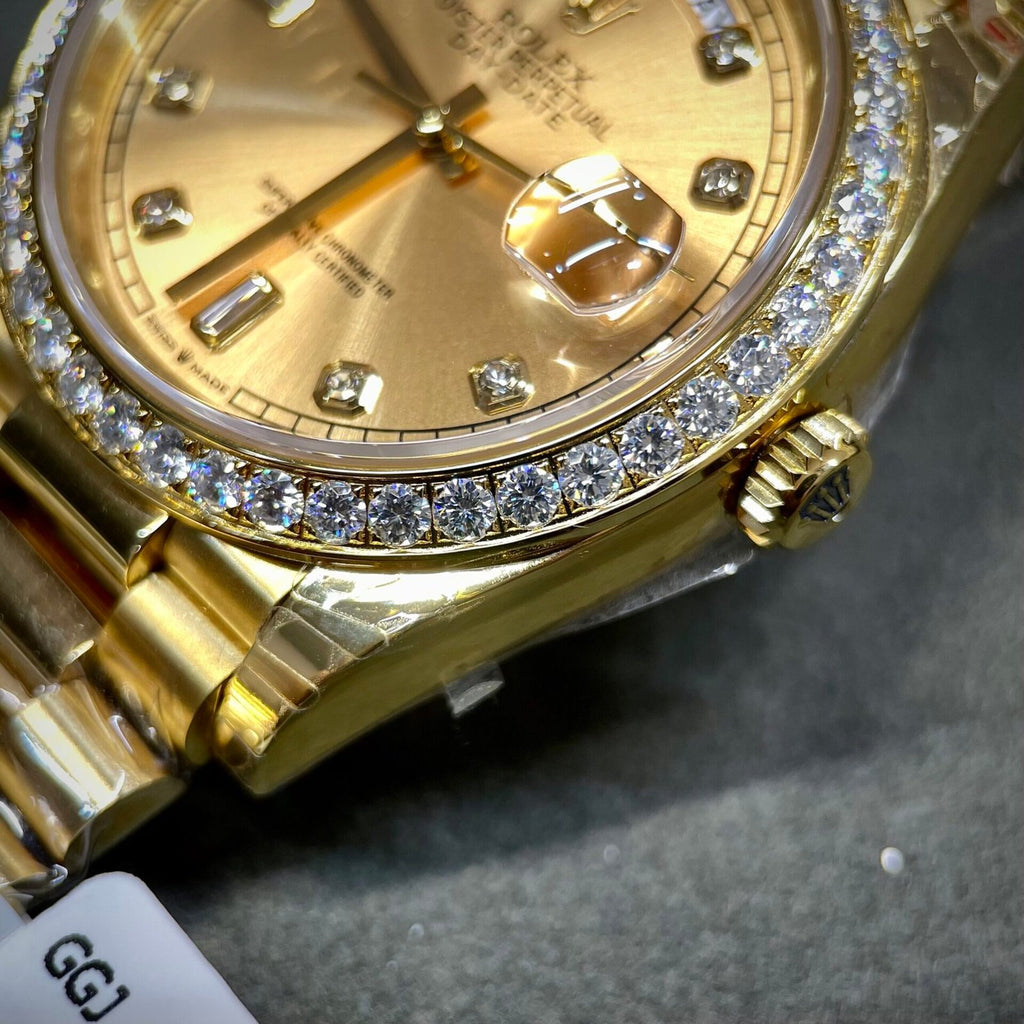 Rolex Watch Day-Date Yellow Dial Moissanite Diamonds 40mm