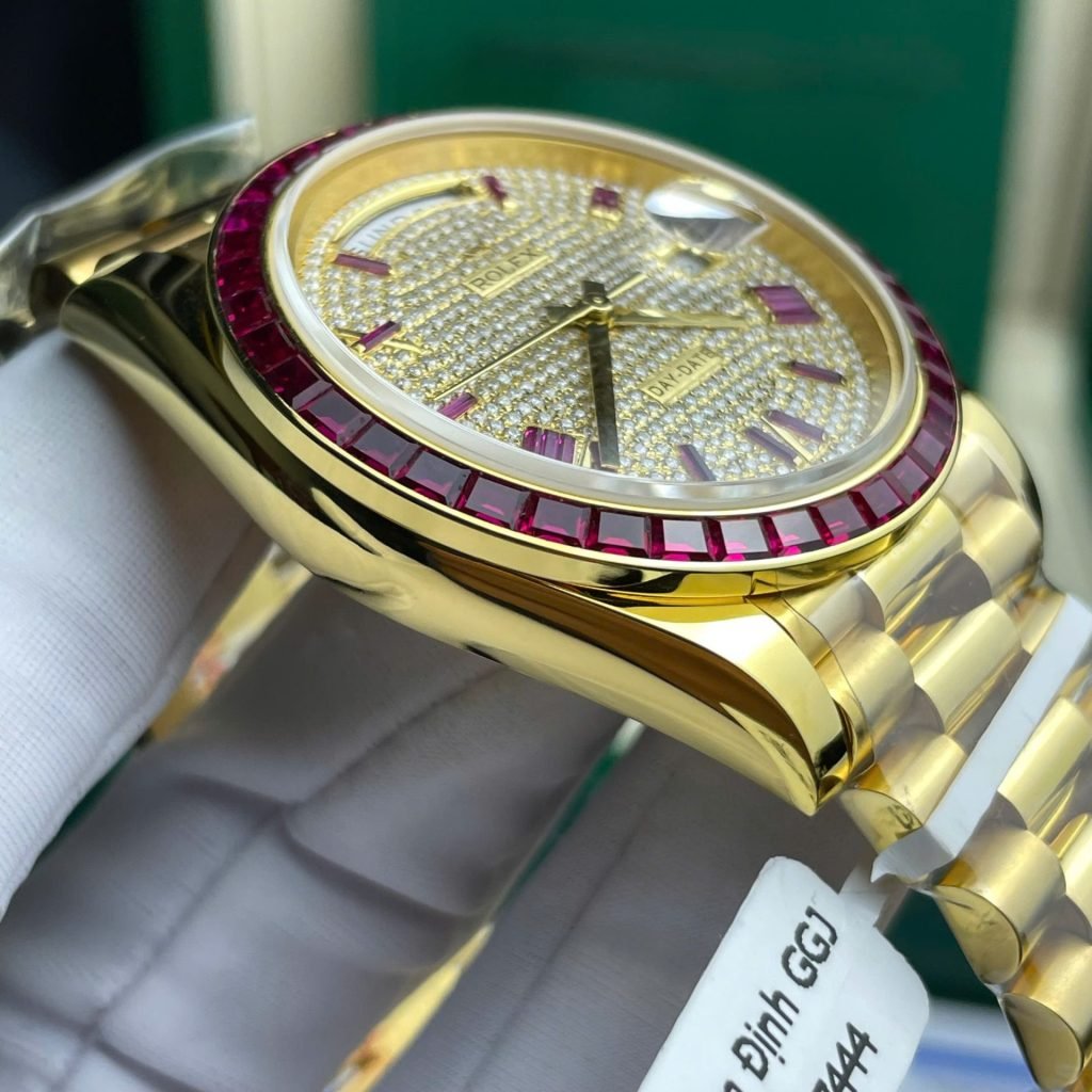 Rolex Day-Date Watch Ruby Red + Moissanite Diamonds Gold Wrapped 40mm