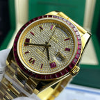 Rolex Day-Date Watch Ruby Red + Moissanite Diamonds Gold Wrapped 40mm