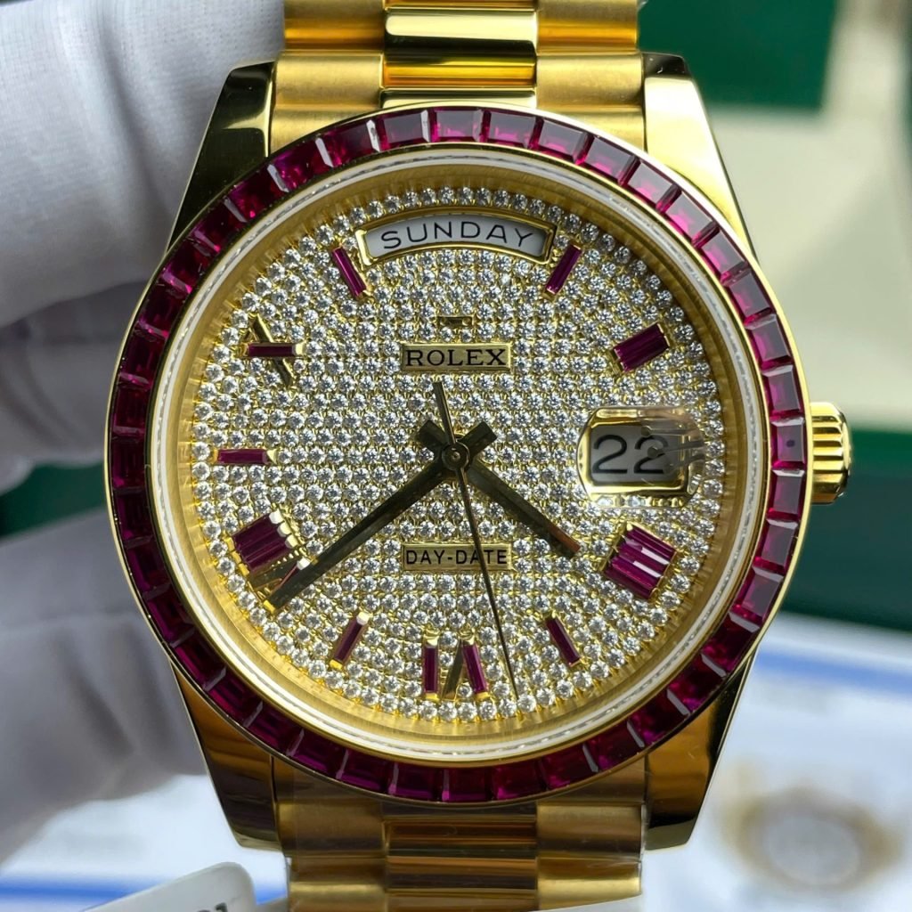 Rolex Day-Date Watch Ruby Red + Moissanite Diamonds Gold Wrapped 40mm