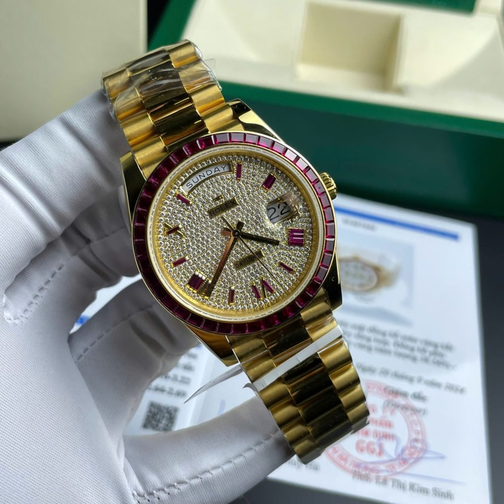 Rolex Day-Date Watch Ruby Red + Moissanite Diamonds Gold Wrapped 40mm