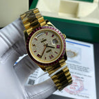 Rolex Day-Date Watch Ruby Red + Moissanite Diamonds Gold Wrapped 40mm