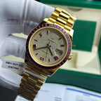 Rolex Day-Date Watch Ruby Red + Moissanite Diamonds Gold Wrapped 40mm