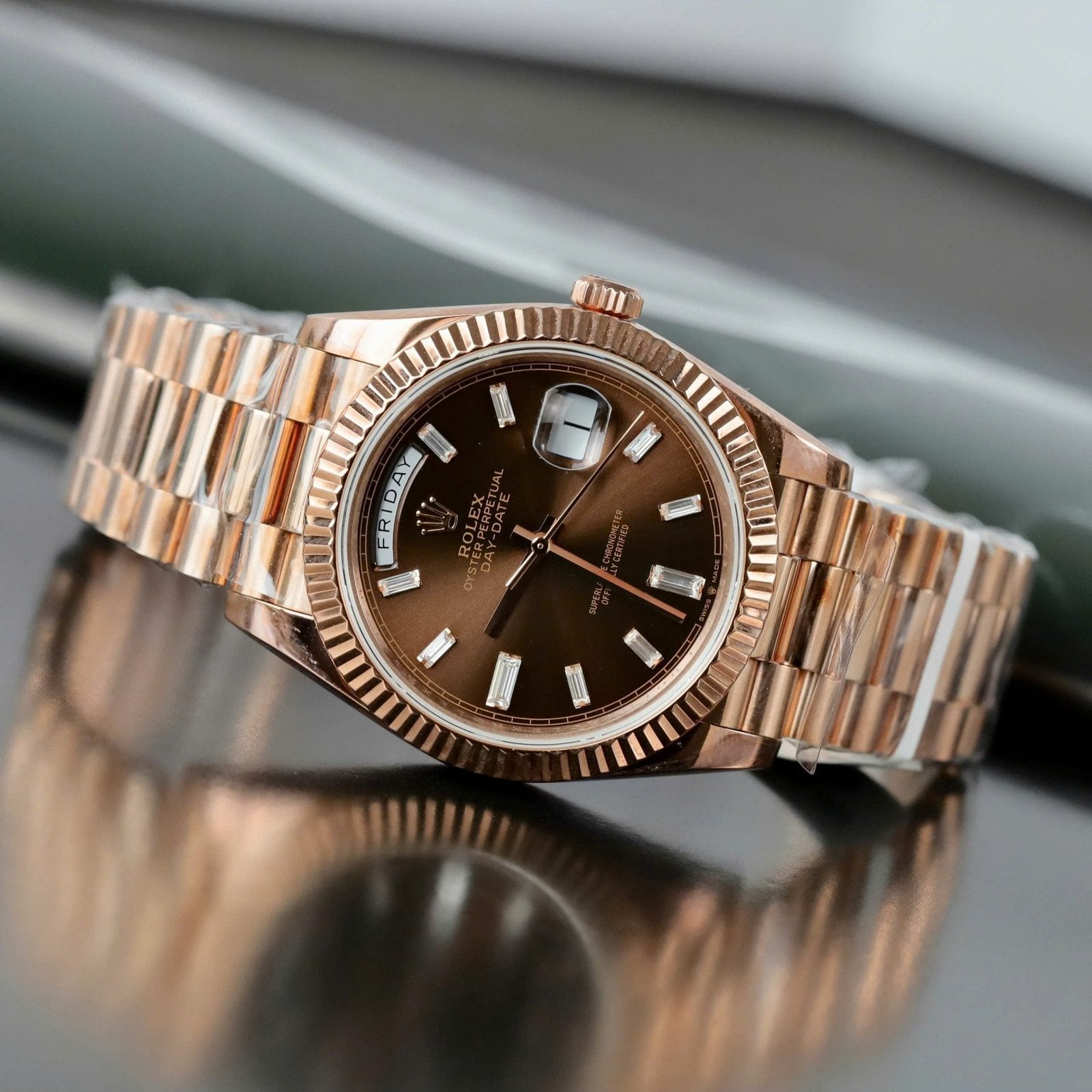 Rolex Day-Date Chocolate Dial Watch Gold Wrapped + Moissanite Dial 40mm
