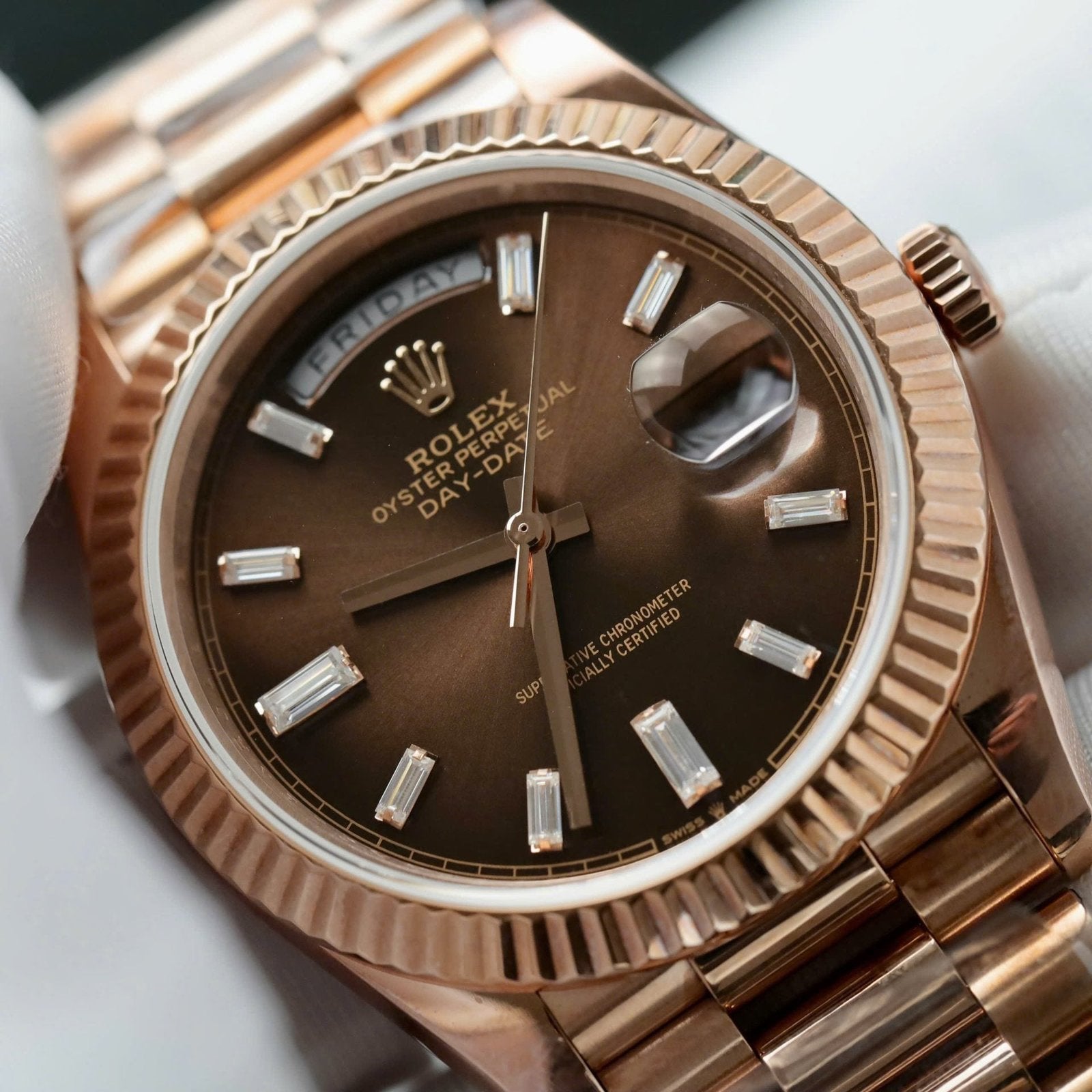 Rolex Day-Date Chocolate Dial Watch Gold Wrapped + Moissanite Dial 40mm