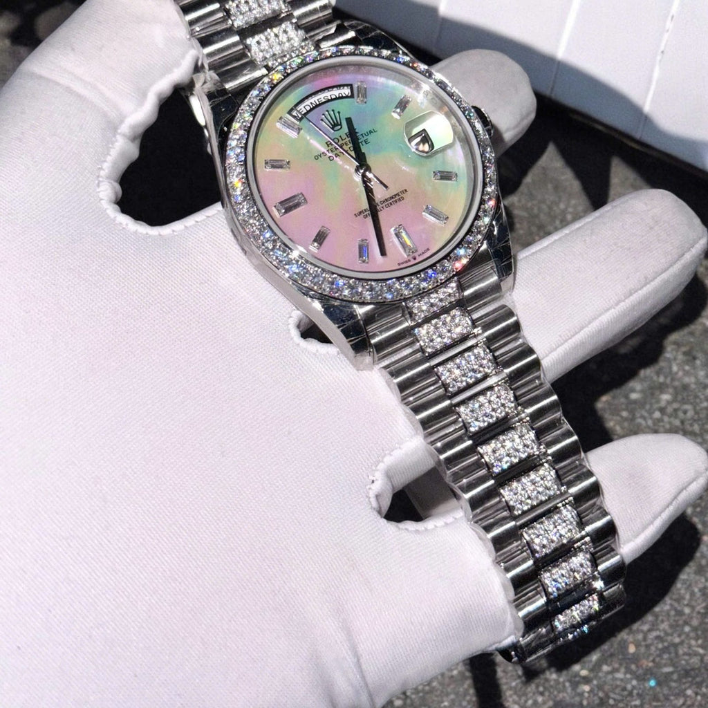 Rolex Day-Date Watch Dial Mother Of Pearl Moissanite Diamonds 40mm