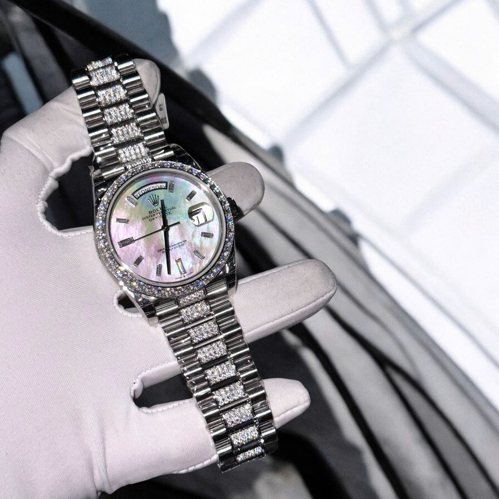 Rolex Day-Date Watch Dial Mother Of Pearl Moissanite Diamonds 40mm