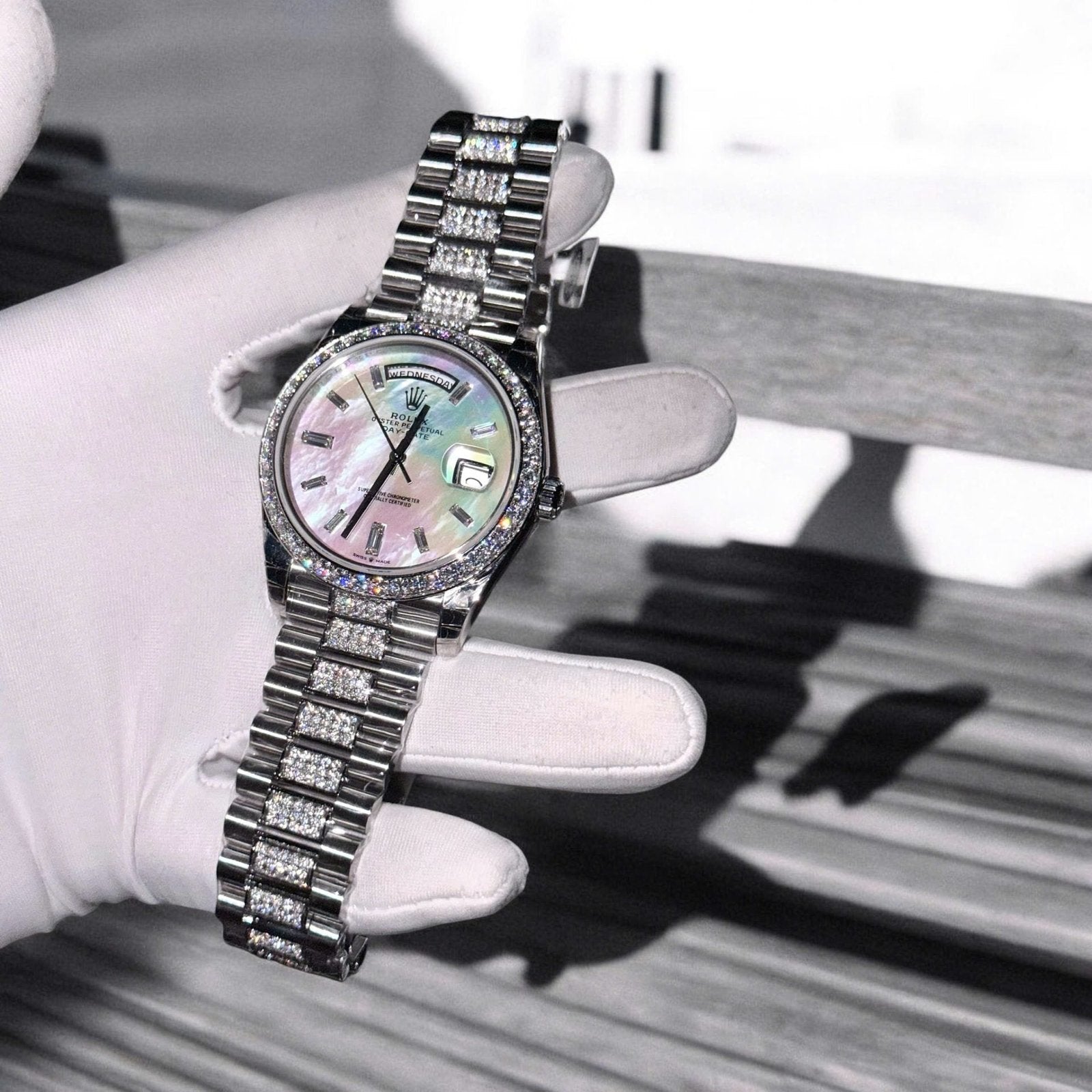 Rolex Day-Date Watch Dial Mother Of Pearl Moissanite Diamonds 40mm