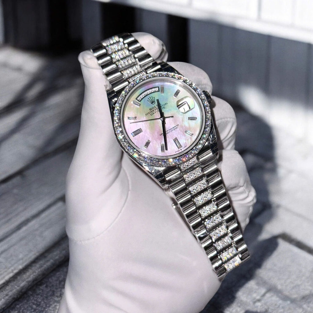 Rolex Day-Date Watch Dial Mother Of Pearl Moissanite Diamonds 40mm