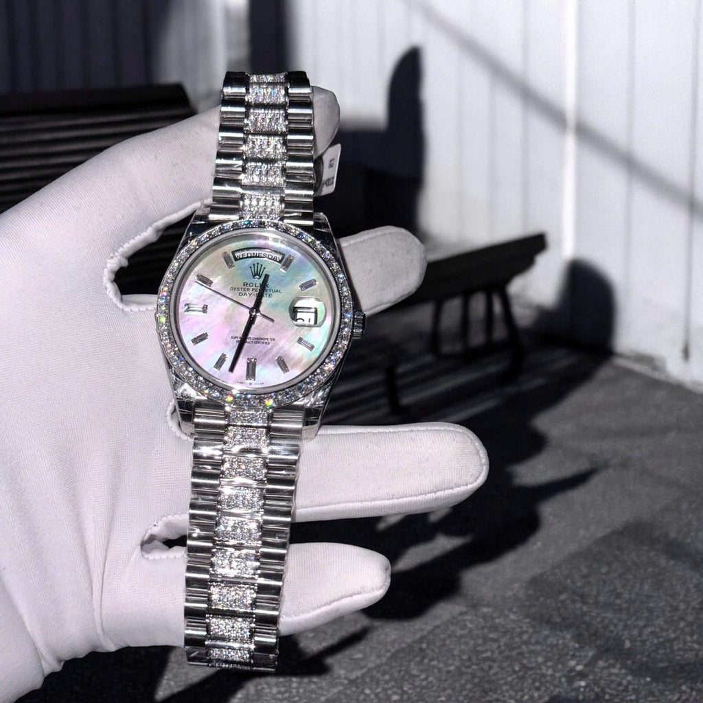 Rolex Day-Date Watch Dial Mother Of Pearl Moissanite Diamonds 40mm