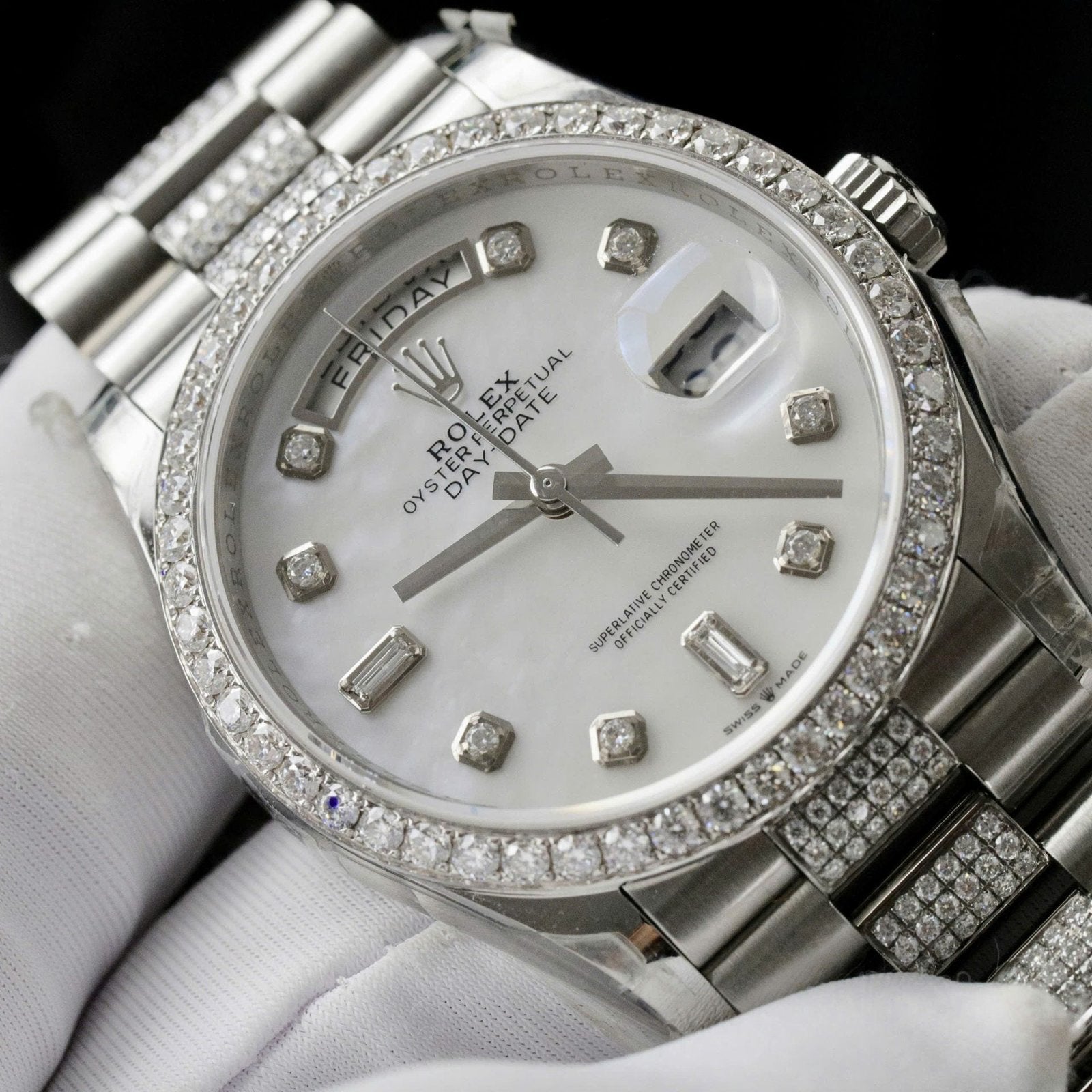 Rolex Day-Date Dial MOP Watch Moissanite Diamonds 36mm