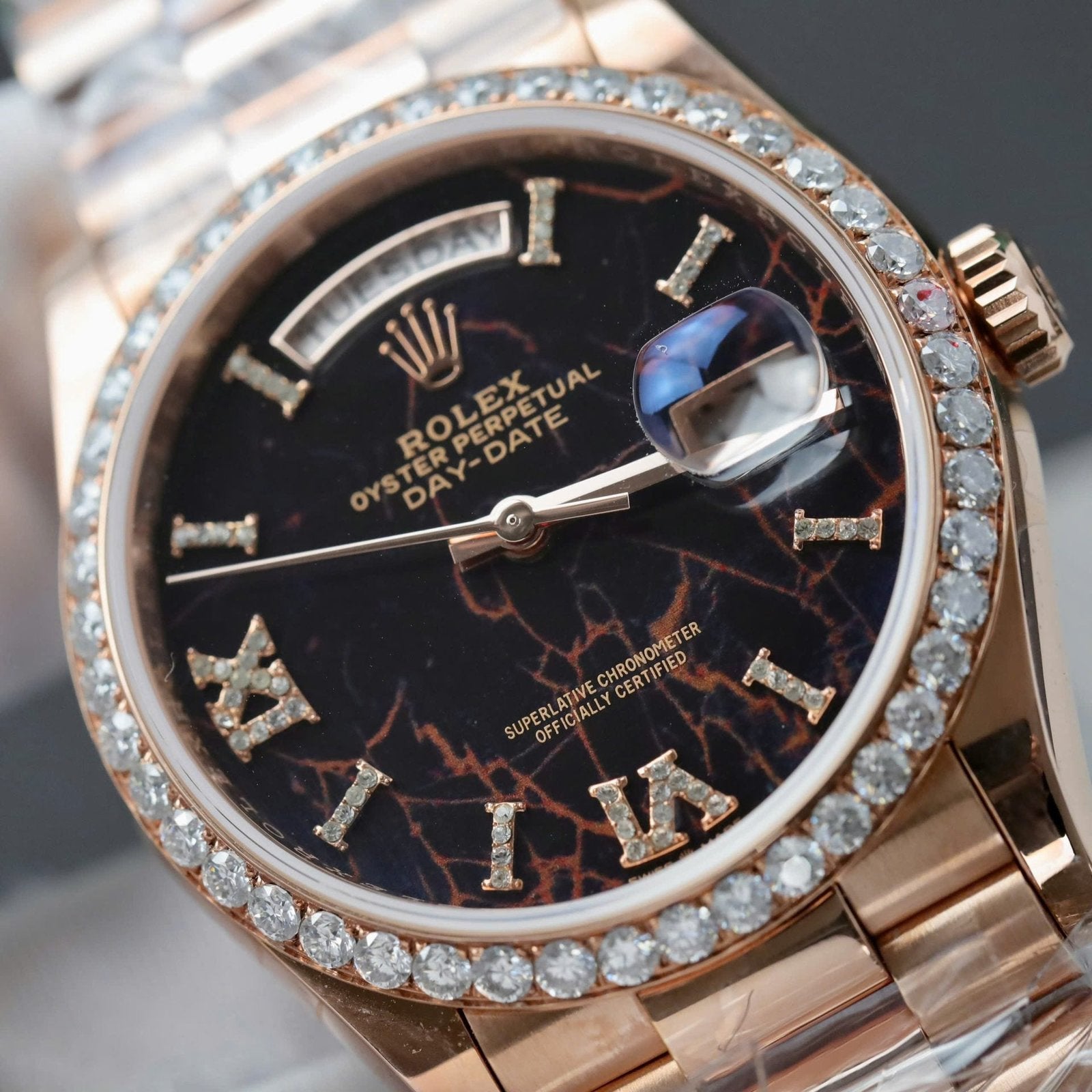 Rolex Day-Date Eisenkiesel Dial Watch Gold Wrapped + Diamonds Moissanite 36mm