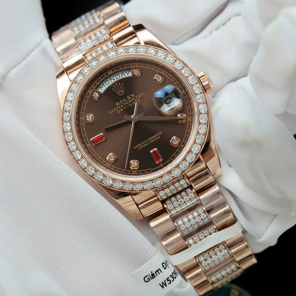 Rolex Day-Date Chocolate Dial Watch Gold Wrapped + Moissanite Diamonds 36mm