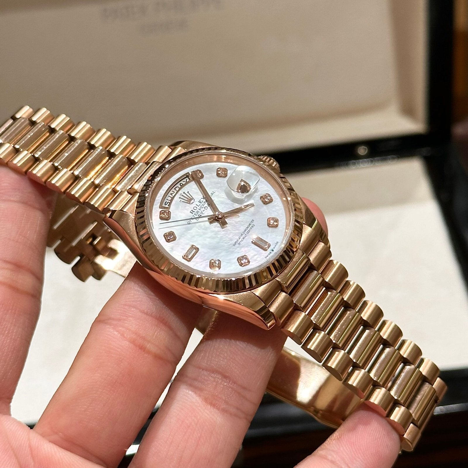 Rolex Day-Date Mother of Pearl Watch Rose Gold 36mm