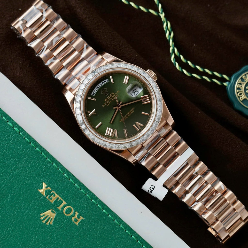Rolex Day-Date Geen Dial Watch Gold Wrapped + Diamonds Moissanite Baguette 40mm
