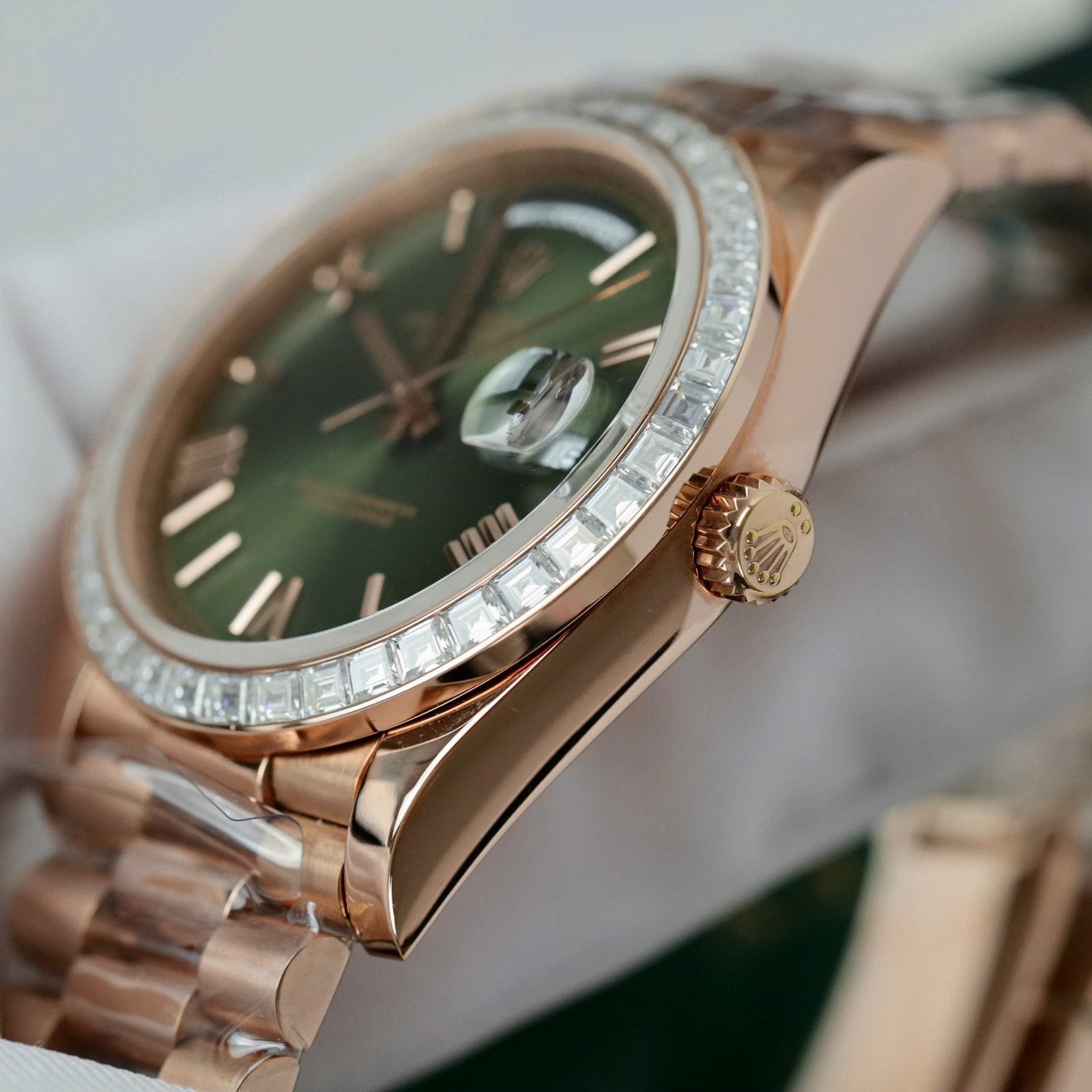 Rolex Day-Date Geen Dial Watch Gold Wrapped + Diamonds Moissanite Baguette 40mm