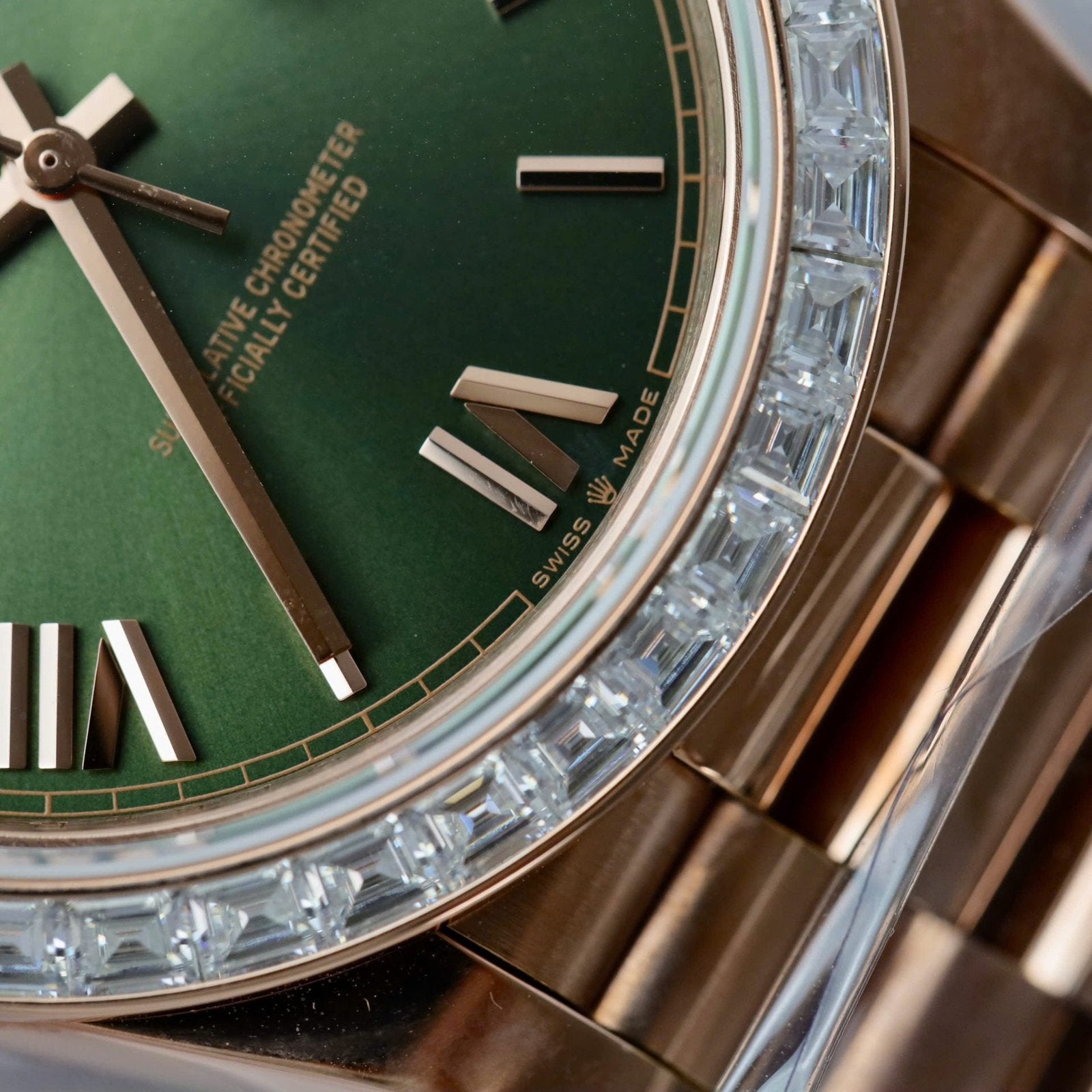 Rolex Day-Date Geen Dial Watch Gold Wrapped + Diamonds Moissanite Baguette 40mm