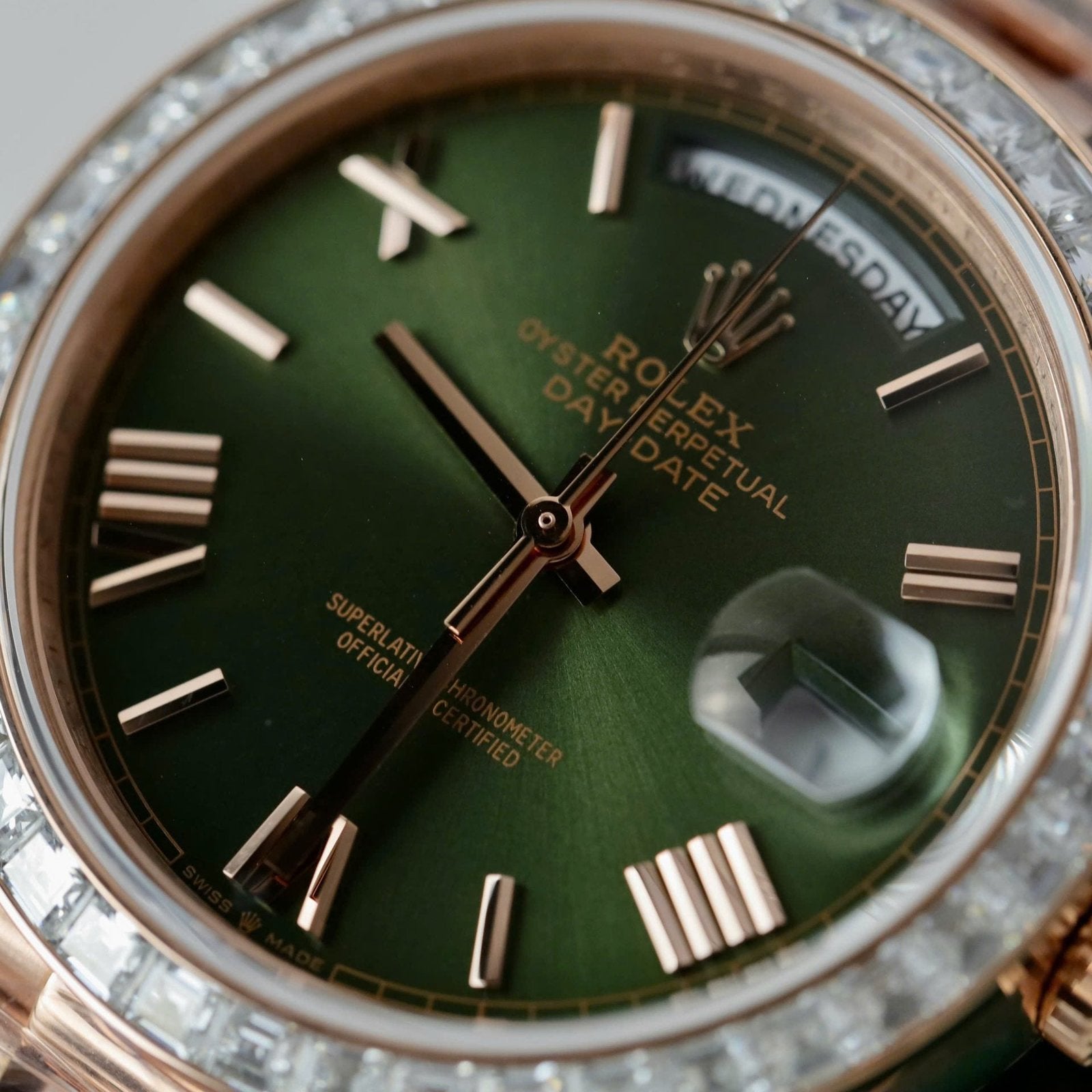 Rolex Day-Date Geen Dial Watch Gold Wrapped + Diamonds Moissanite Baguette 40mm