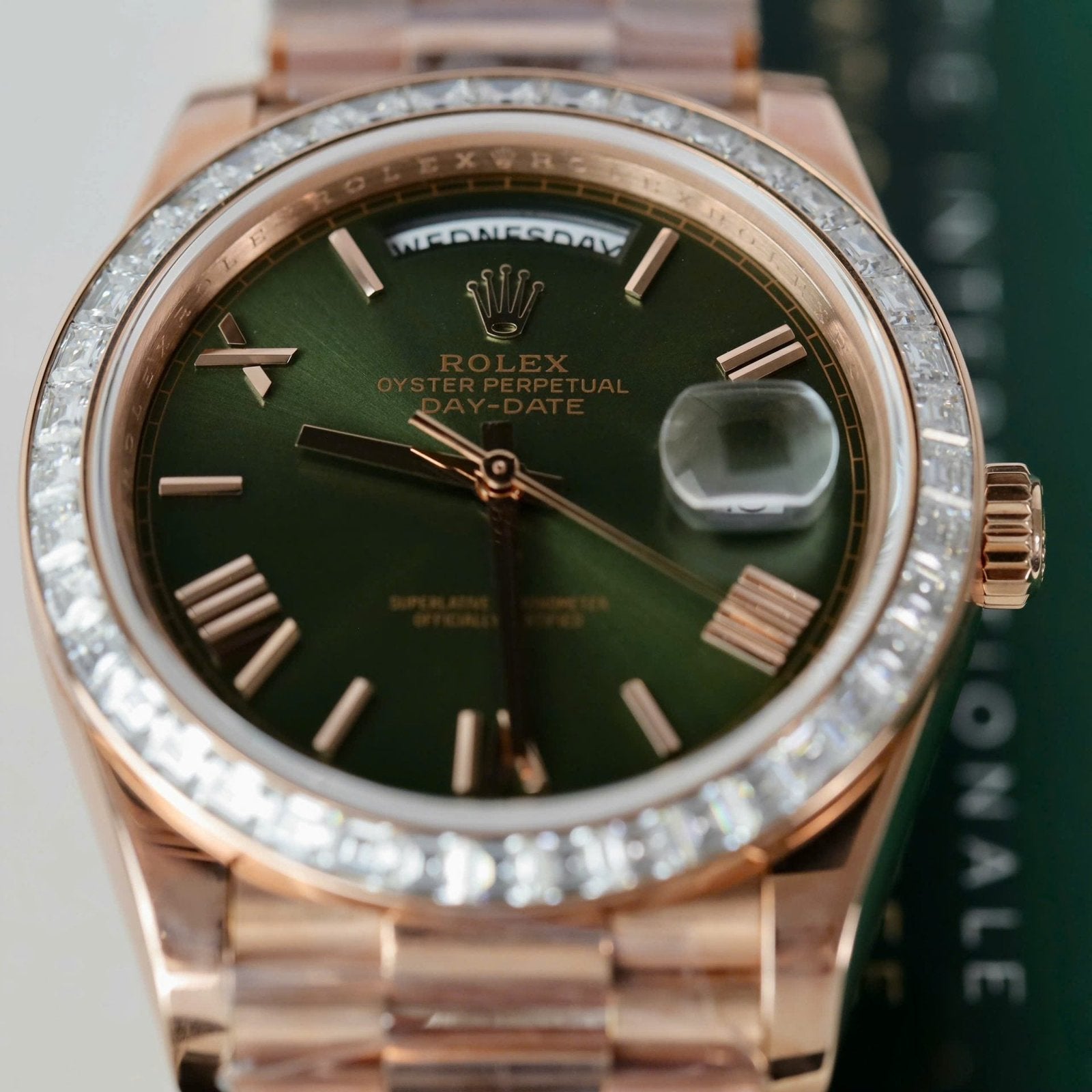 Rolex Day-Date Geen Dial Watch Gold Wrapped + Diamonds Moissanite Baguette 40mm