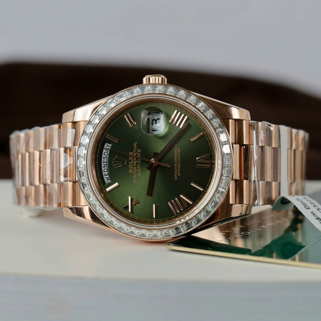 Rolex Day-Date Geen Dial Watch Gold Wrapped + Diamonds Moissanite Baguette 40mm