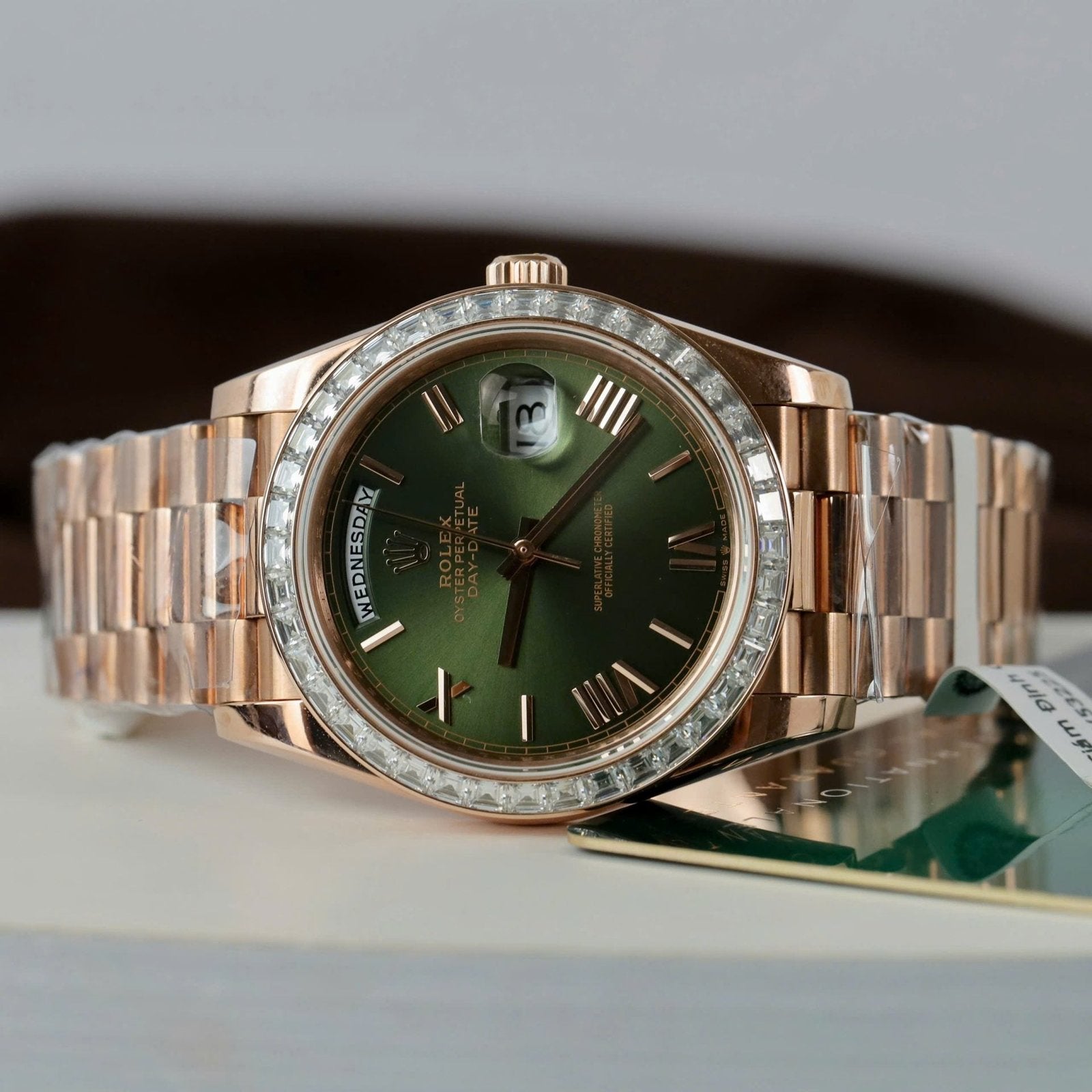 Rolex Day-Date Geen Dial Watch Gold Wrapped + Diamonds Moissanite Baguette 40mm