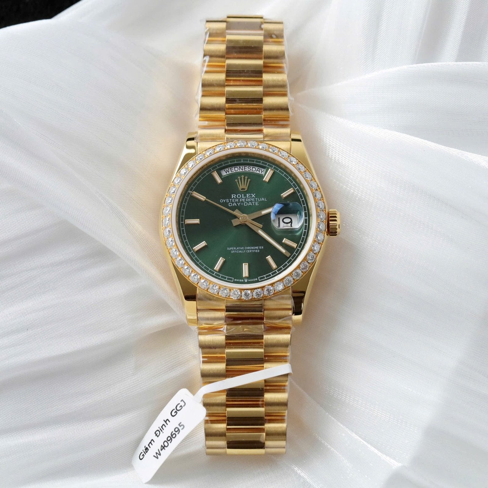 Rolex Day-Date Dial Green Watch Gold Wrapped + Diamonds Moissanite 36mm
