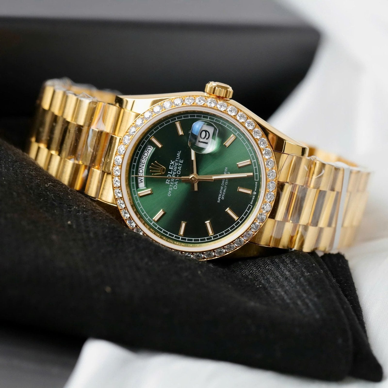 Rolex Day-Date Dial Green Watch Gold Wrapped + Diamonds Moissanite 36mm