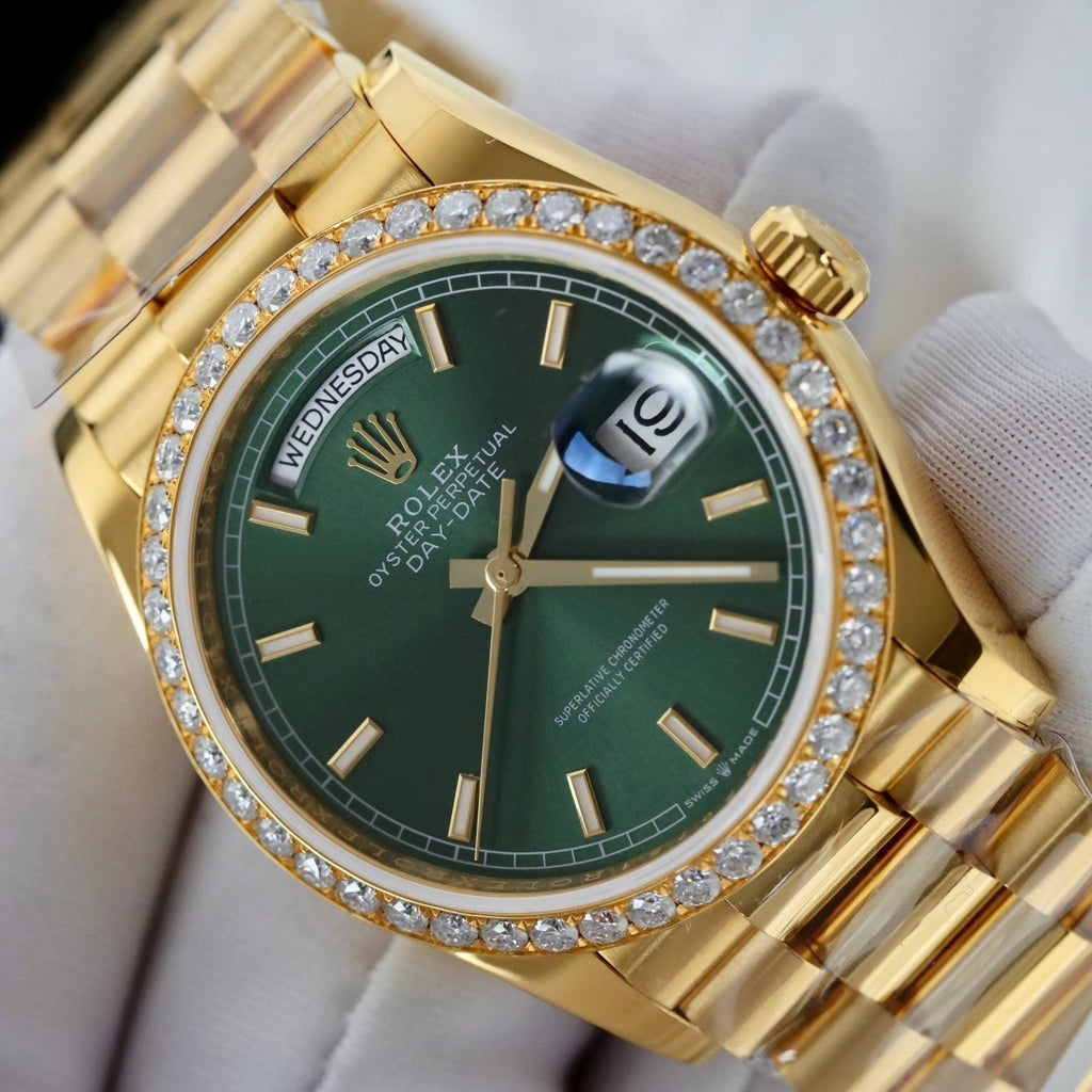 Rolex Day-Date Dial Green Watch Gold Wrapped + Diamonds Moissanite 36mm