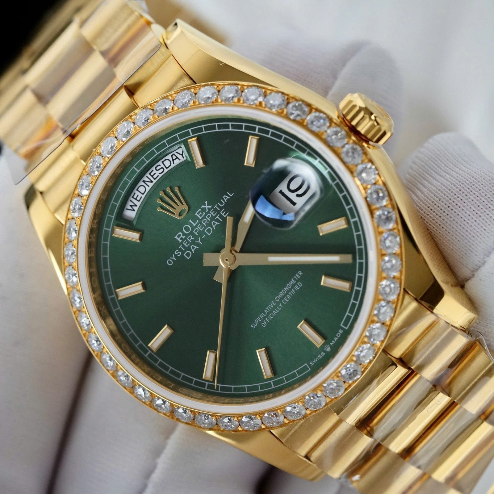 Rolex Day-Date Dial Green Watch Gold Wrapped + Diamonds Moissanite 36mm