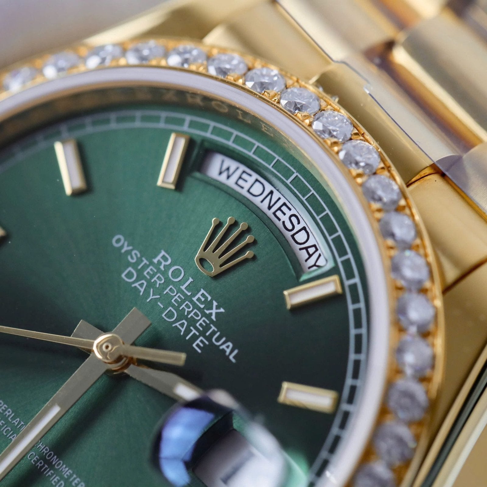 Rolex Day-Date Dial Green Watch Gold Wrapped + Diamonds Moissanite 36mm
