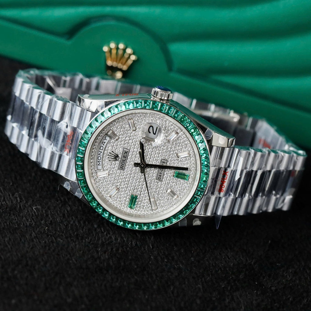 Rolex Day-Date Men Watch Diamonds Moissanite + Sapphire Baguette 40mm