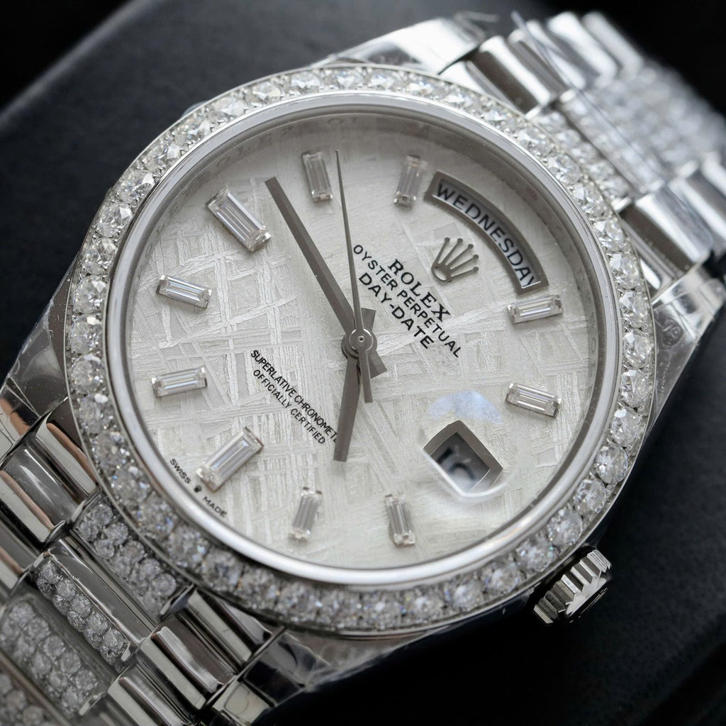 Rolex Day-Date Watch Meteorite Dial Moissanite Diamonds 40mm