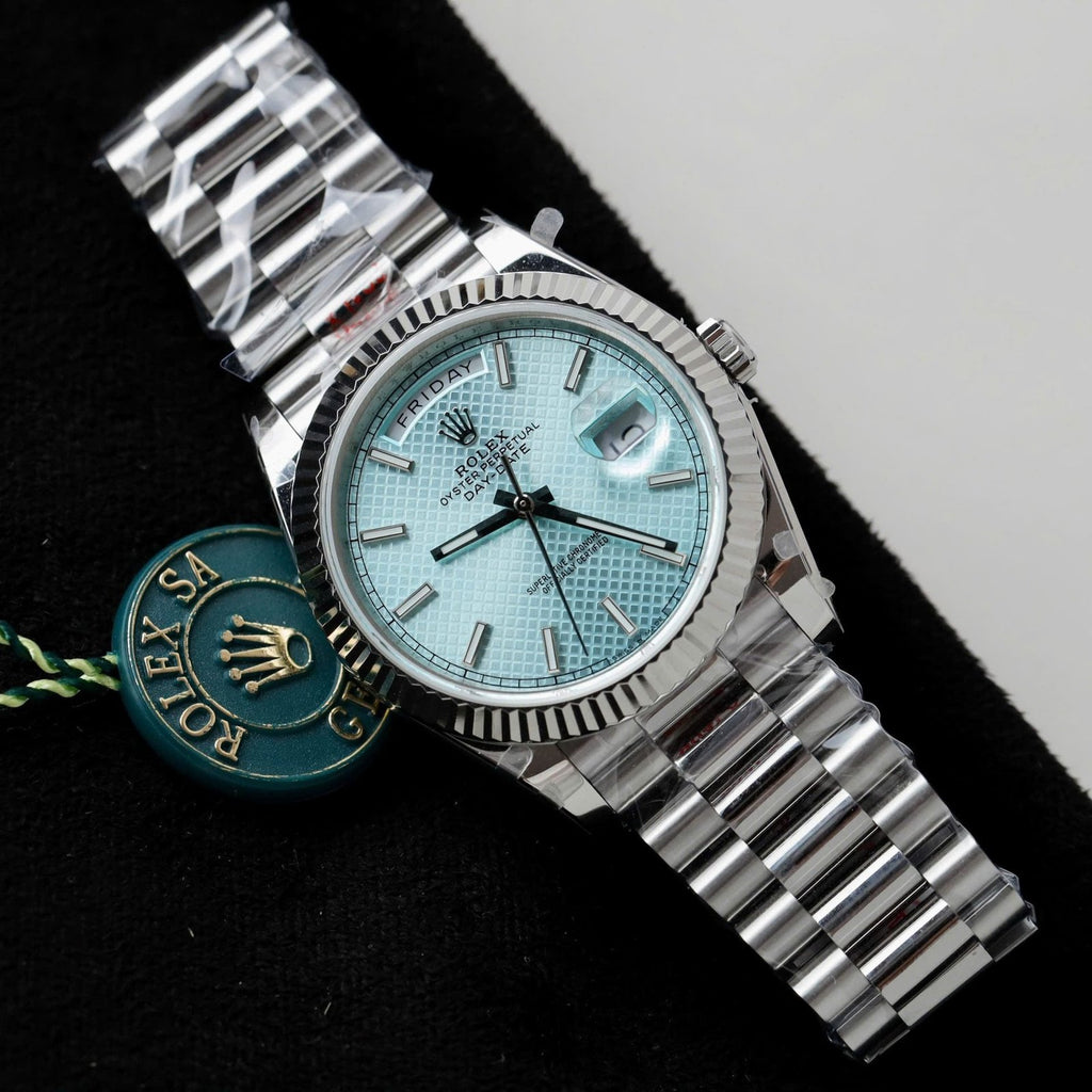 Rolex Day-Date Watch Ice Blue Dial Cross Pattern 40mm