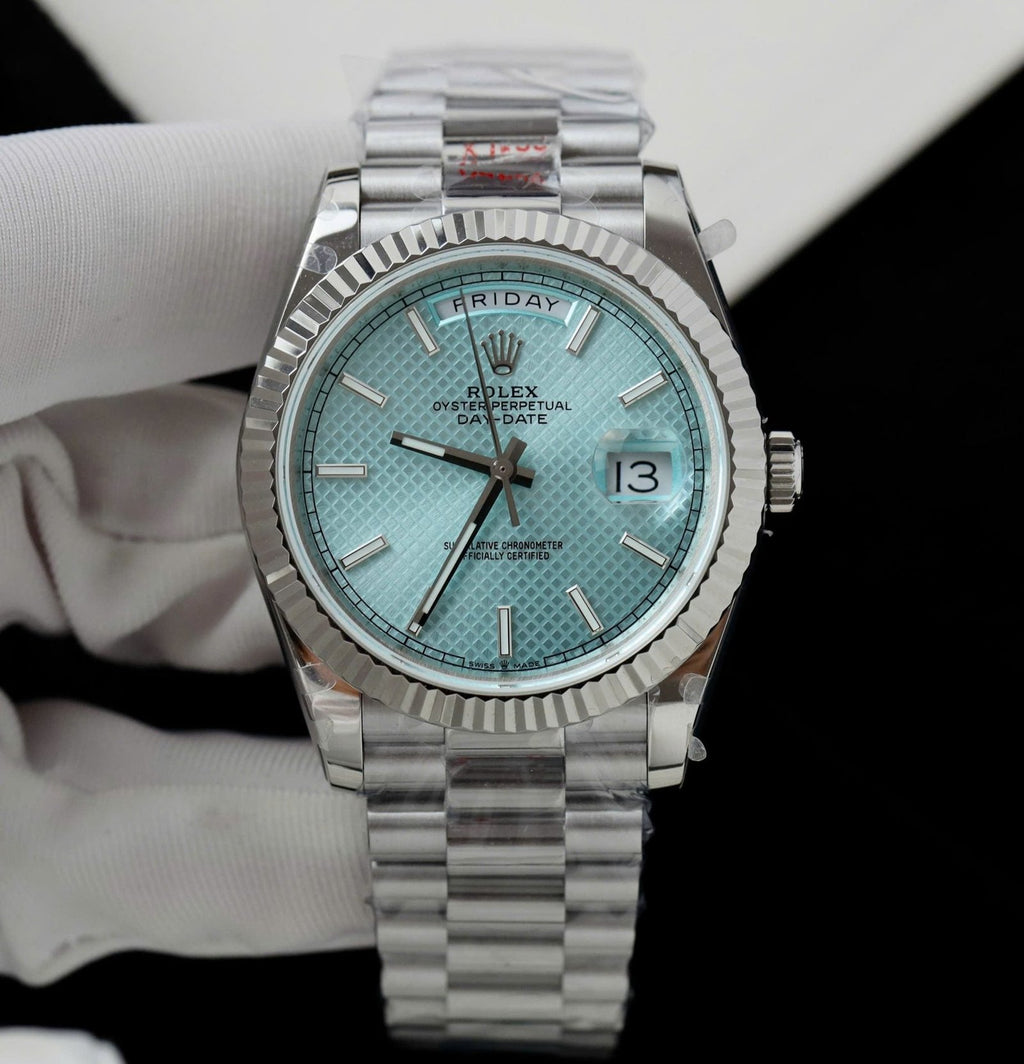 Rolex Day-Date Watch Ice Blue Dial Cross Pattern 40mm