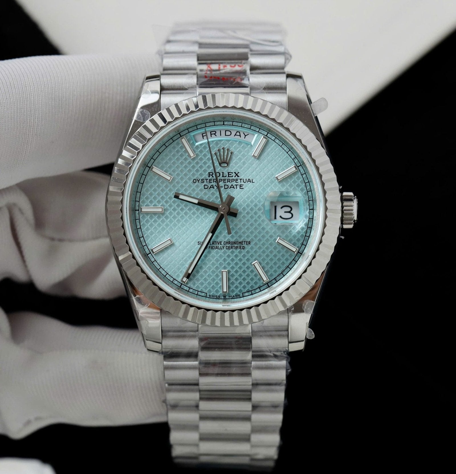 Rolex Day-Date Watch Ice Blue Dial Cross Pattern 40mm