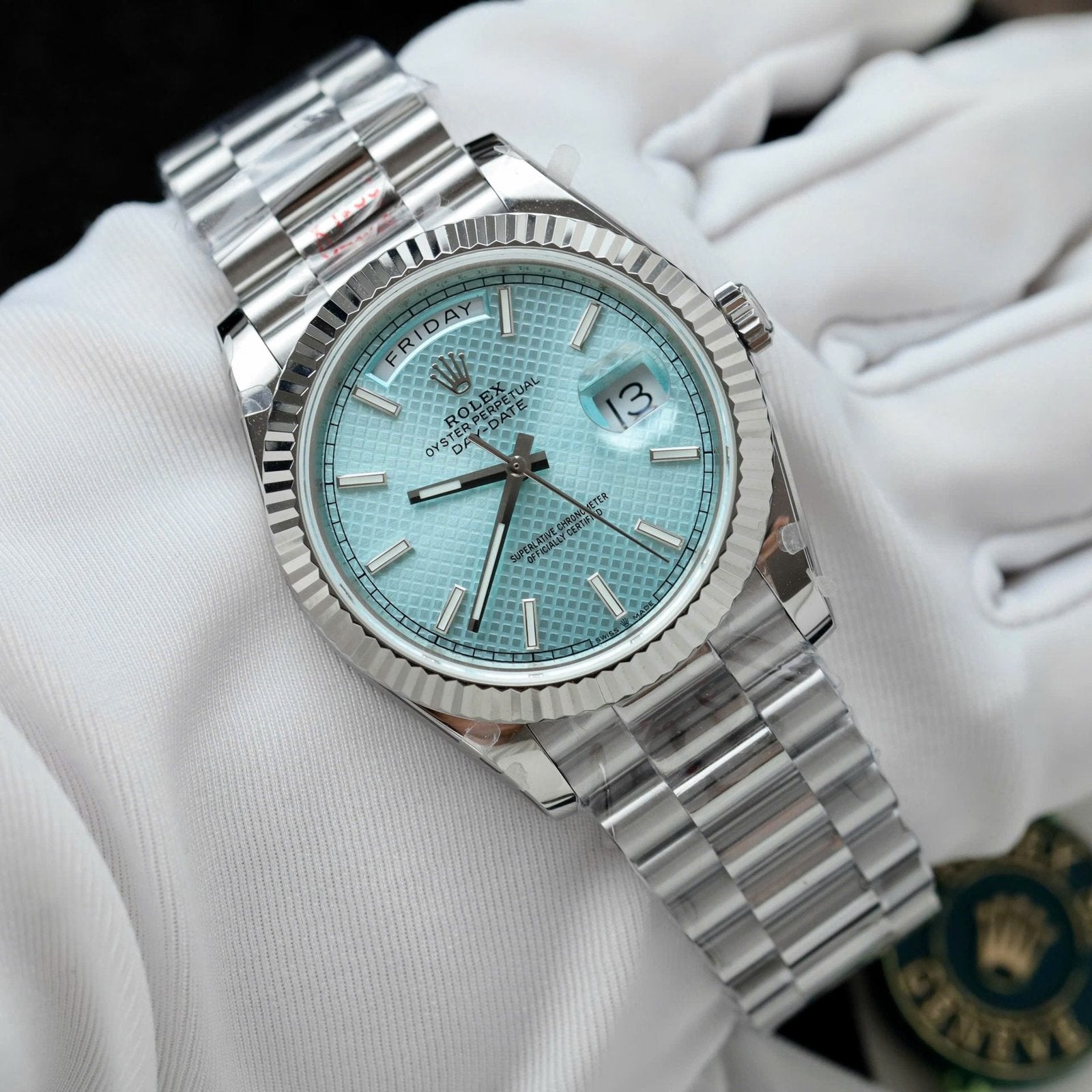Rolex Day-Date Watch Ice Blue Dial Cross Pattern 40mm