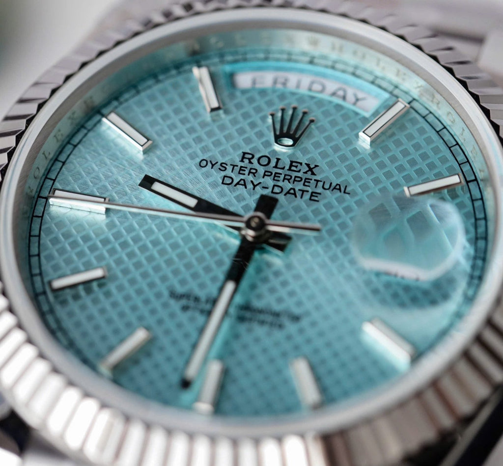 Rolex Day-Date Watch Ice Blue Dial Cross Pattern 40mm